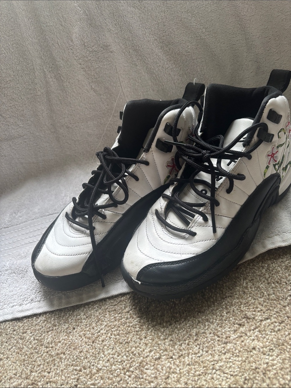 Jordan Black and White High-Top Sneakers with Floral Embroidery